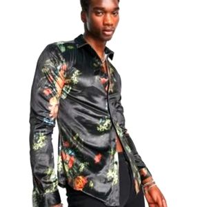 ASOS Designed stretched skinny velvet shirt in dark floral print/ Size Small